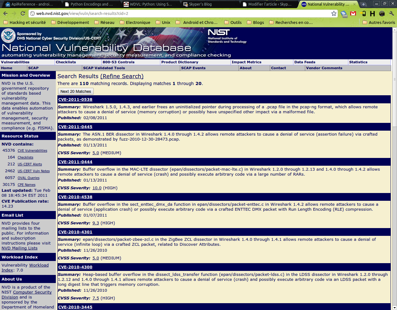 Capture d'écran du résultat de la recherche à propos de Wireshark sur le site de la NVD